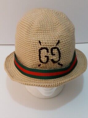 Beige Knit-Crochet Hat With Green-Red Stripes